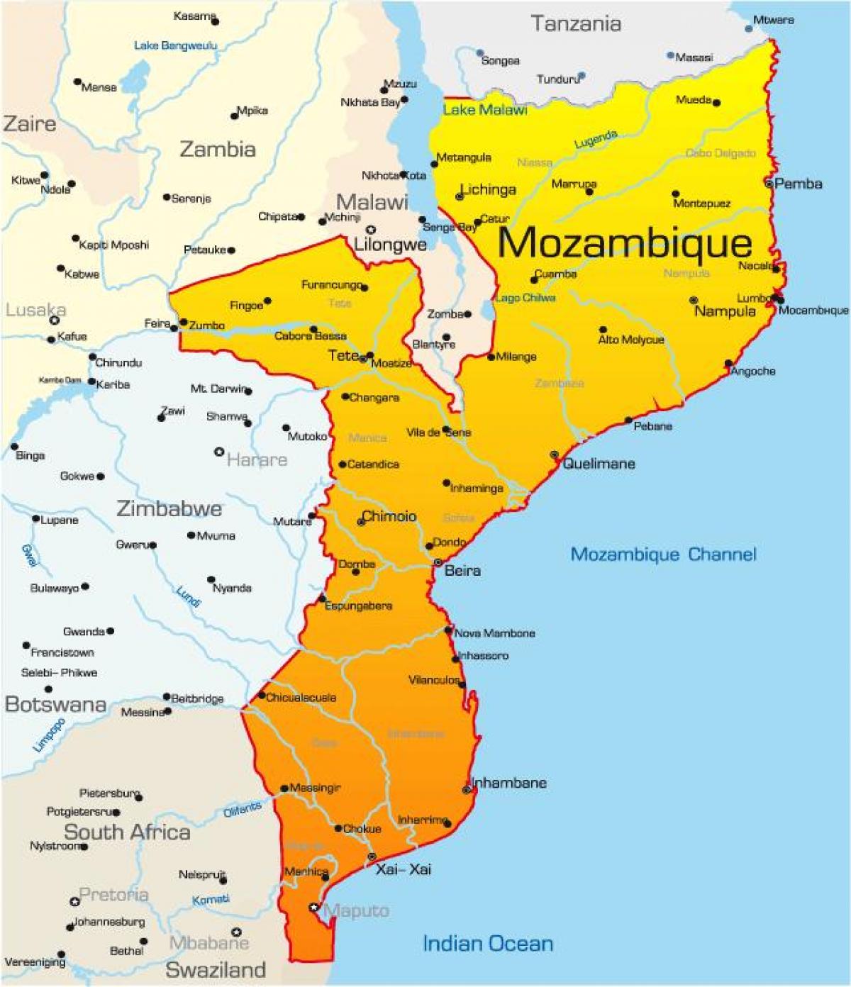 mappa del Mozambico, la mappa per distanze