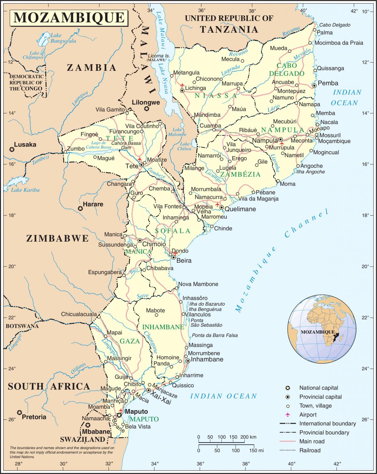 aeroporti in Mozambico su una mappa